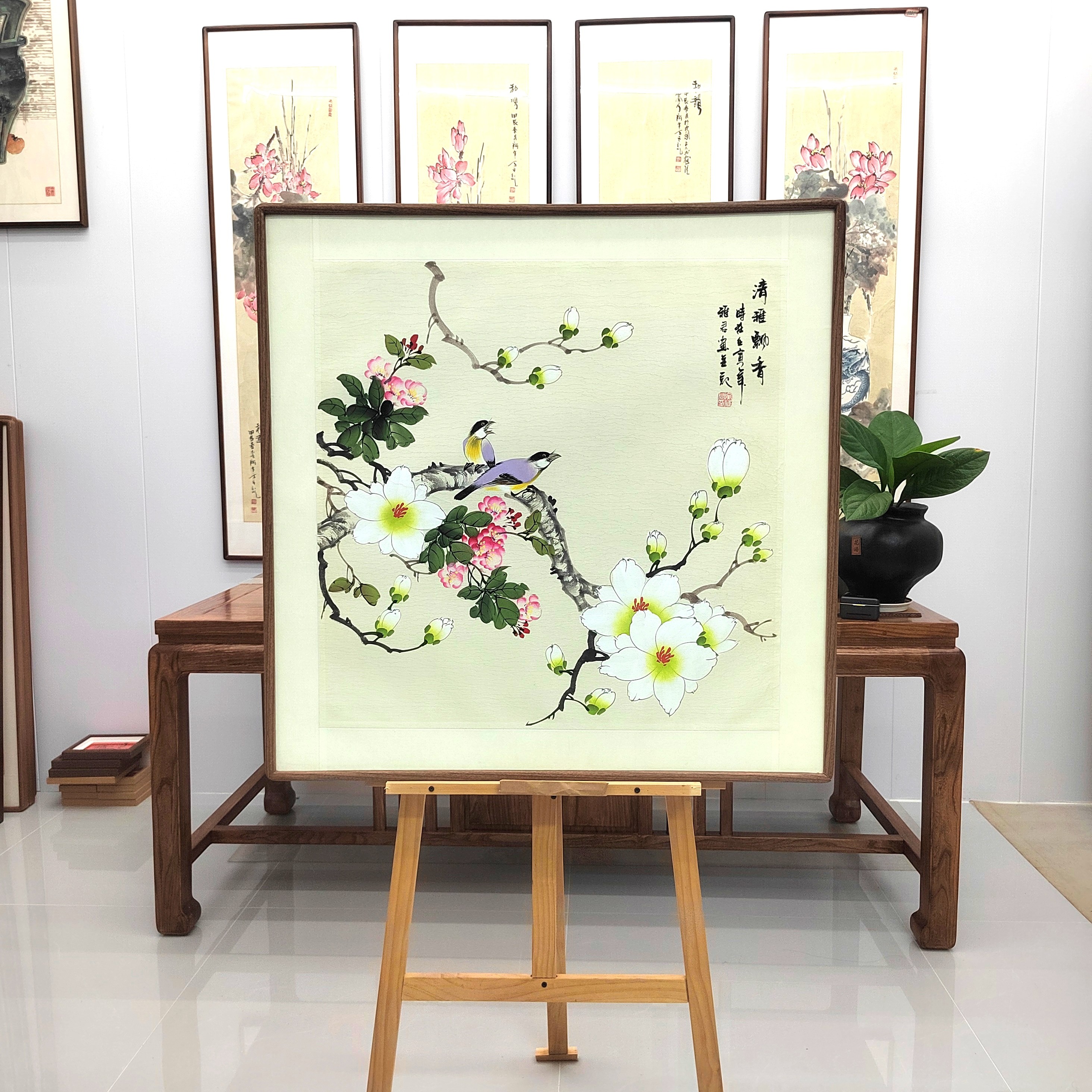 纯手绘国画玉兰花《清雅飘香》80*80cm，书房茶室卧室餐厅挂画，实拍