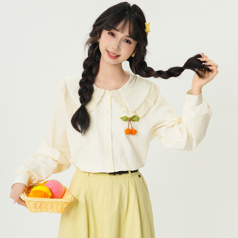 日系学院风减龄娃娃领设计感衬衫女2025春季新款立体樱桃装饰上衣