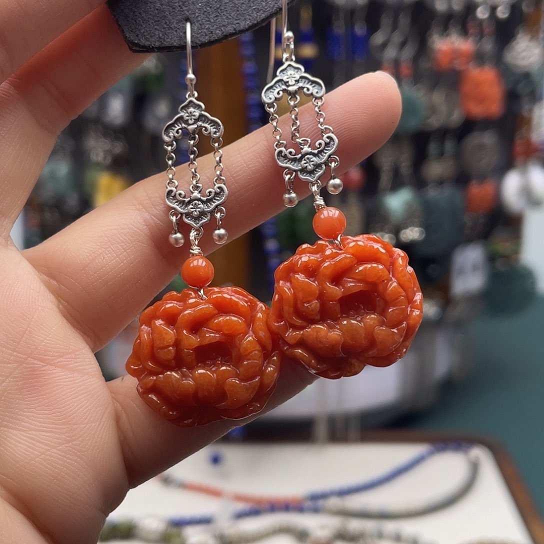 翡翠耳饰银S925镶嵌饰品