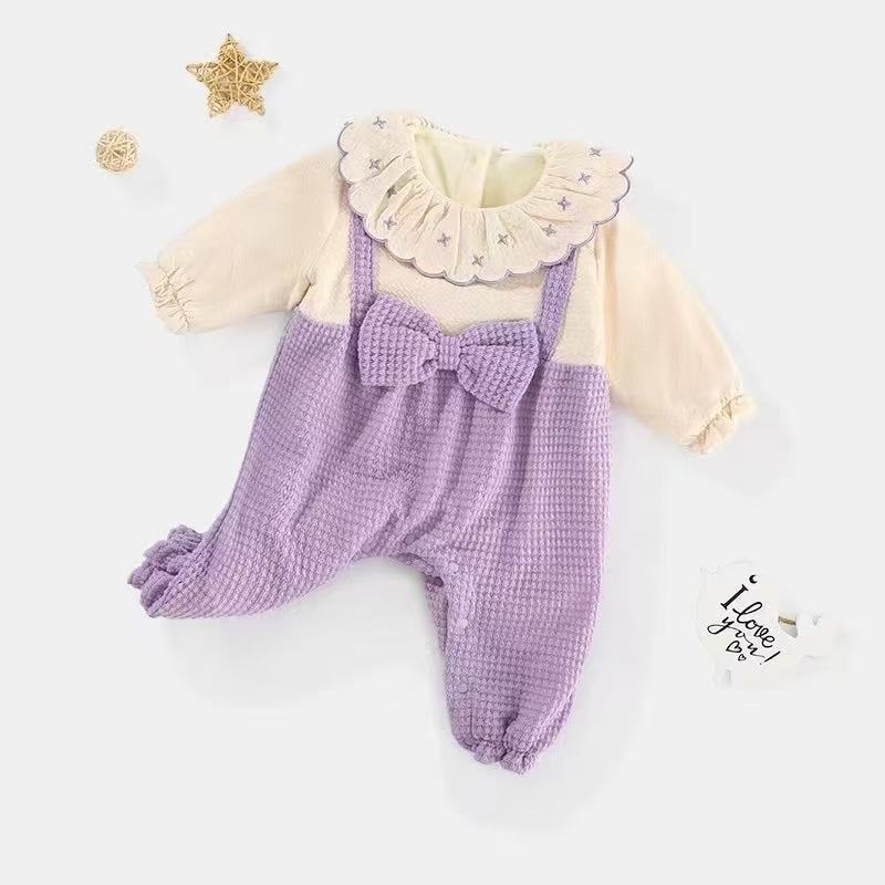 （CHQD2082紫色蝴蝶结）婴儿秋冬加绒卡通连体衣