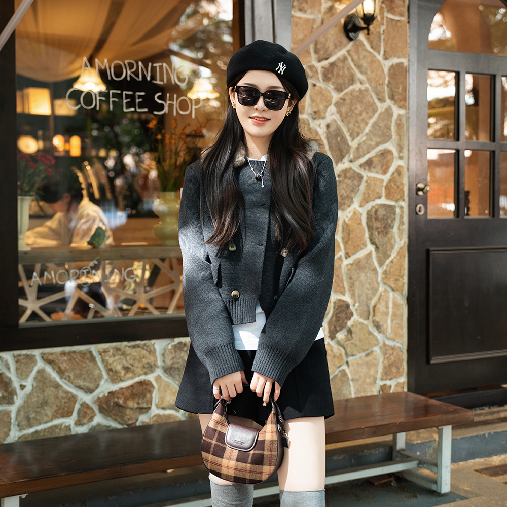 复古老钱风可拆卸毛领羊毛混纺双排扣设计外套G002