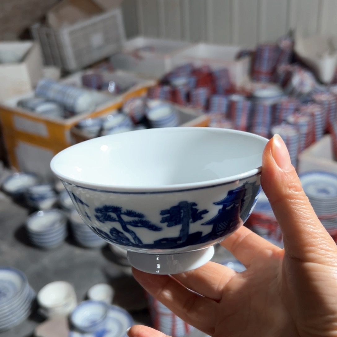 青花5寸高脚梧桐饭碗