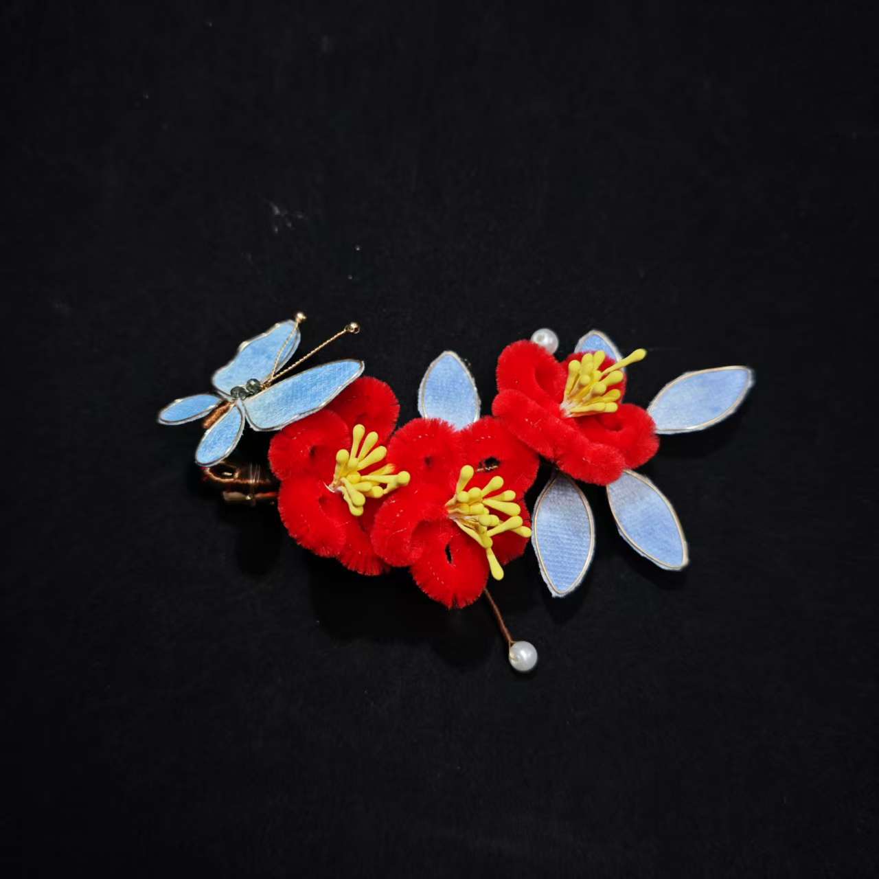 云鬓花古风饰品古装发饰仙气绒棒发夹 朱绒青蝶（孤品汉服发饰B667