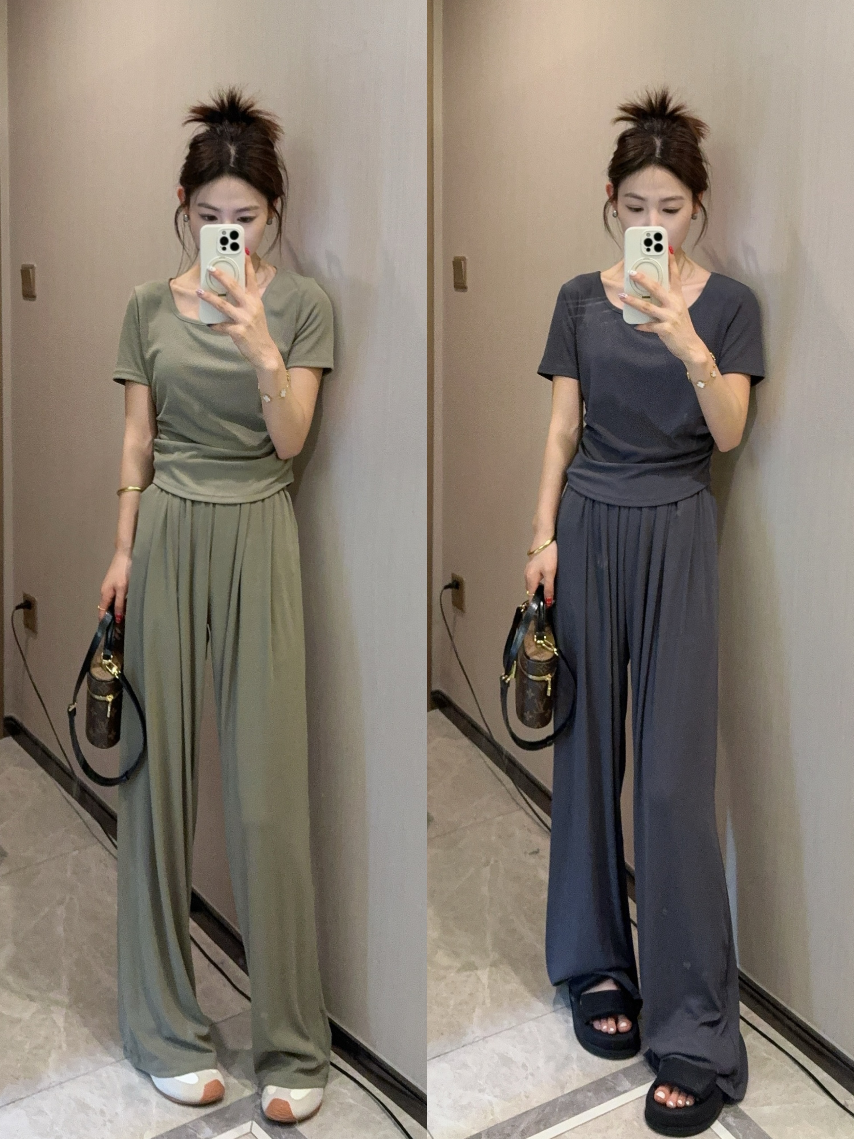 休闲套装抽褶上衣+高腰长裤两件套女夏季搭配一整套