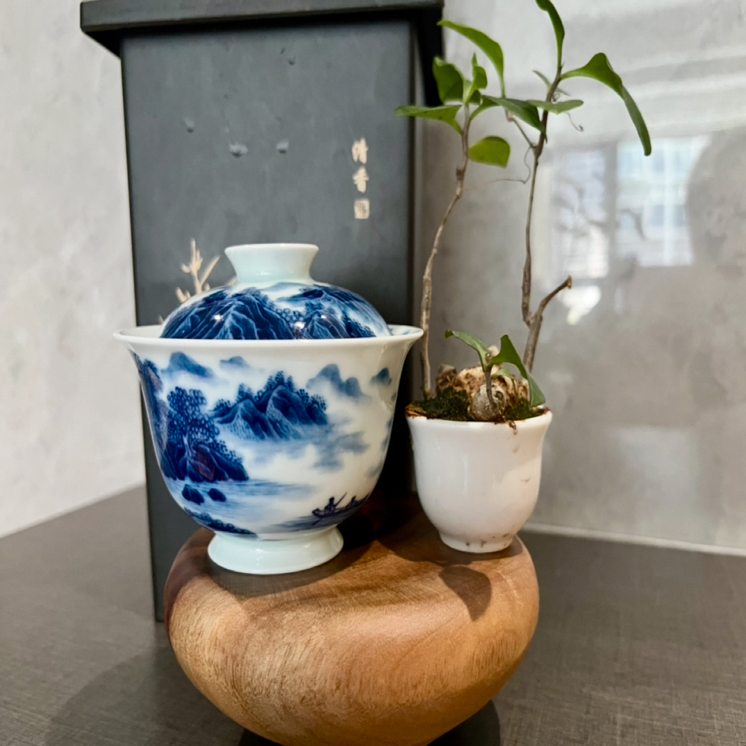 青花山水盖碗手工手绘，容量120