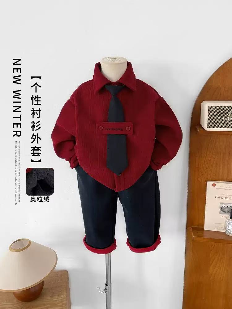 子航同款 冬季新款儿童韩版个性新年快加绒衬衫外套ds7198