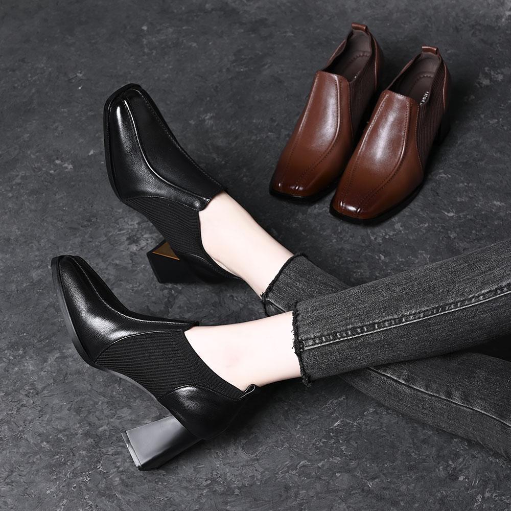 头层牛皮方头针织拼接深口单鞋25秋季新款粗跟中跟一脚蹬真皮女鞋