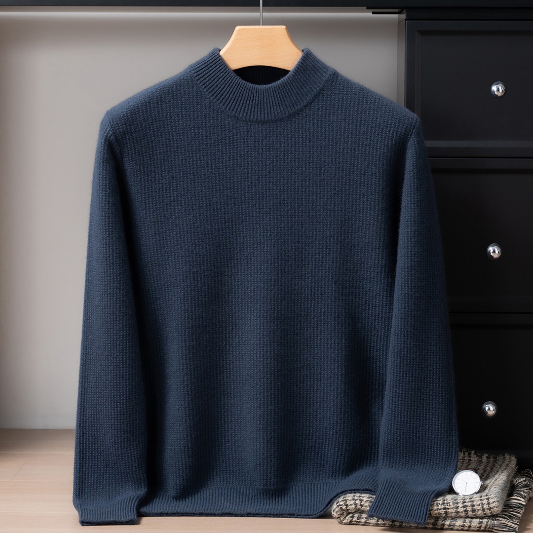 7757双股加厚半高领100%纯山羊绒衫男中青年宽松百搭套头针织打底