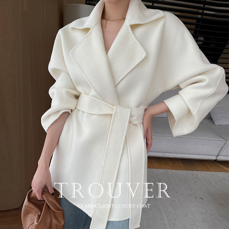 2025秋冬高端水波纹双面羊绒大衣女小个子白色短款羊毛毛呢外套