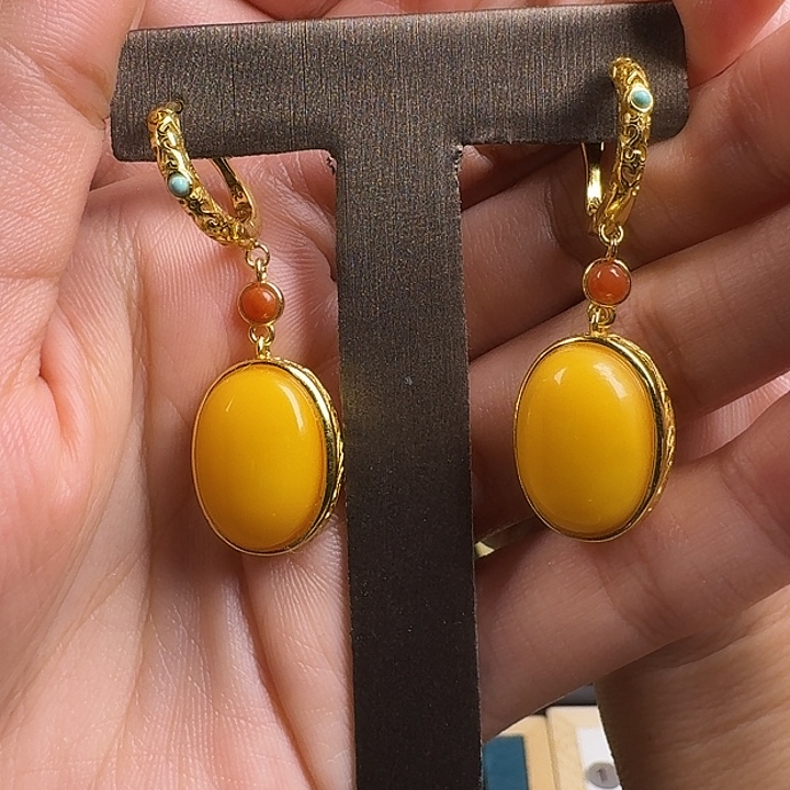 蜜蜡银S925镶嵌耳饰耳坠