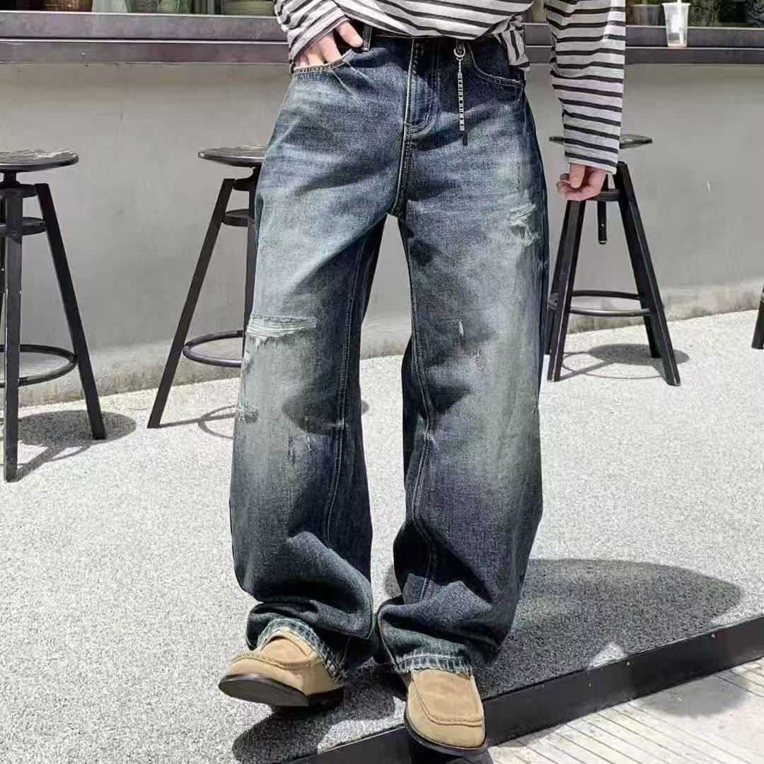 xy-9086秋季中腰水洗美式复古高街宽松高腰牛仔裤直筒裤