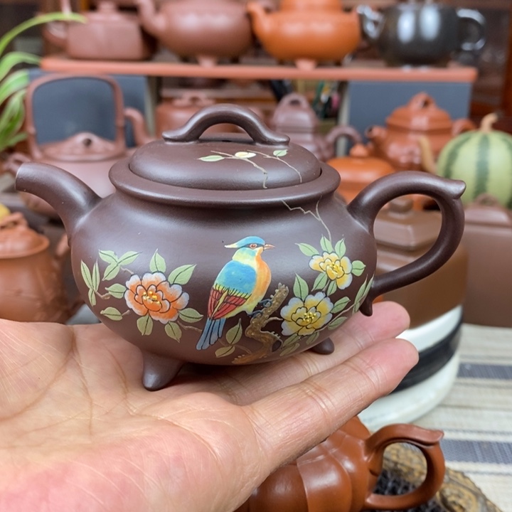 紫砂茶壶三足宫灯180cc原矿一厂老紫泥