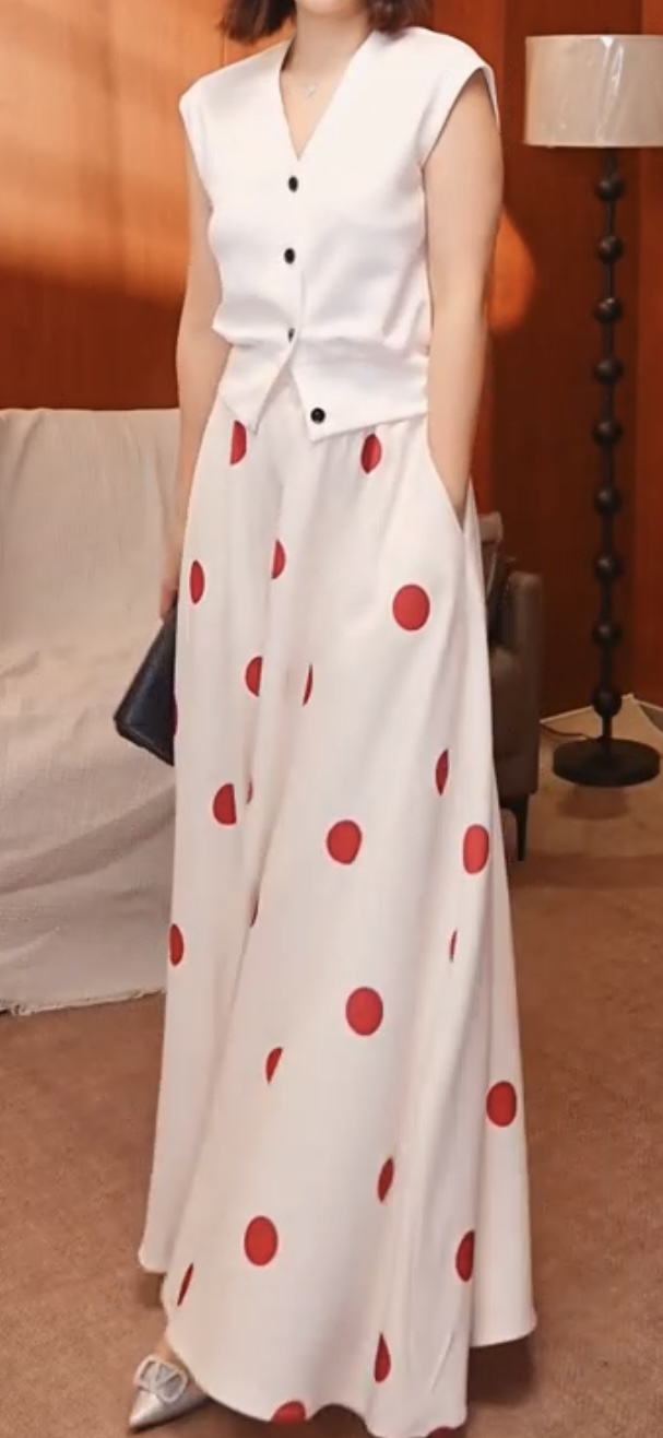 法红色波点松紧大摆半身裙