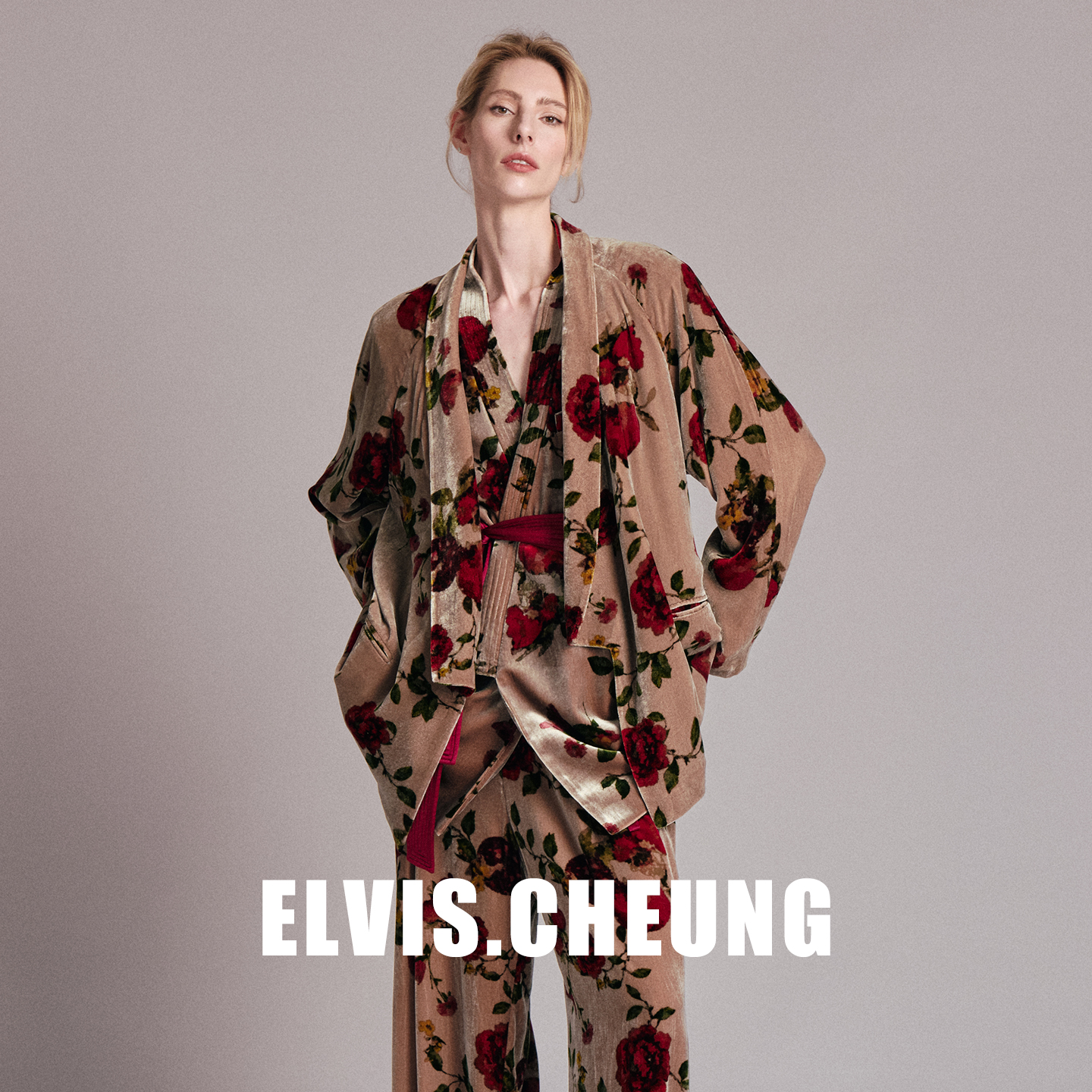 ELVIS.CHEUNG锦绒凝香系列-牡丹印花丝绒复古青果领外套
