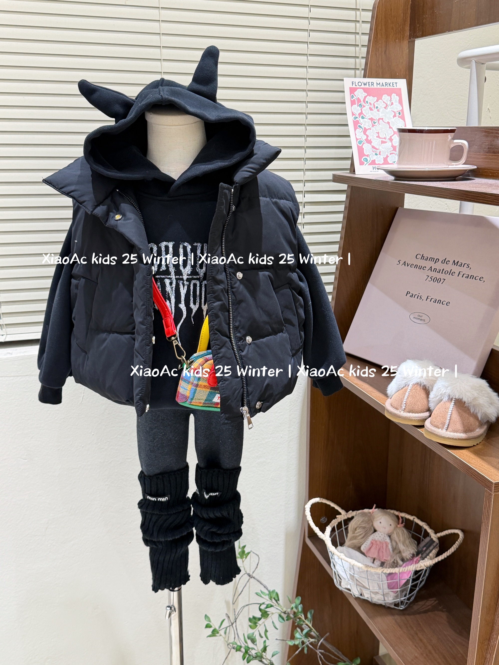 韩系女童冬季款洋气加绒小恶魔字母卫衣男女童百搭保暖立领棉马甲