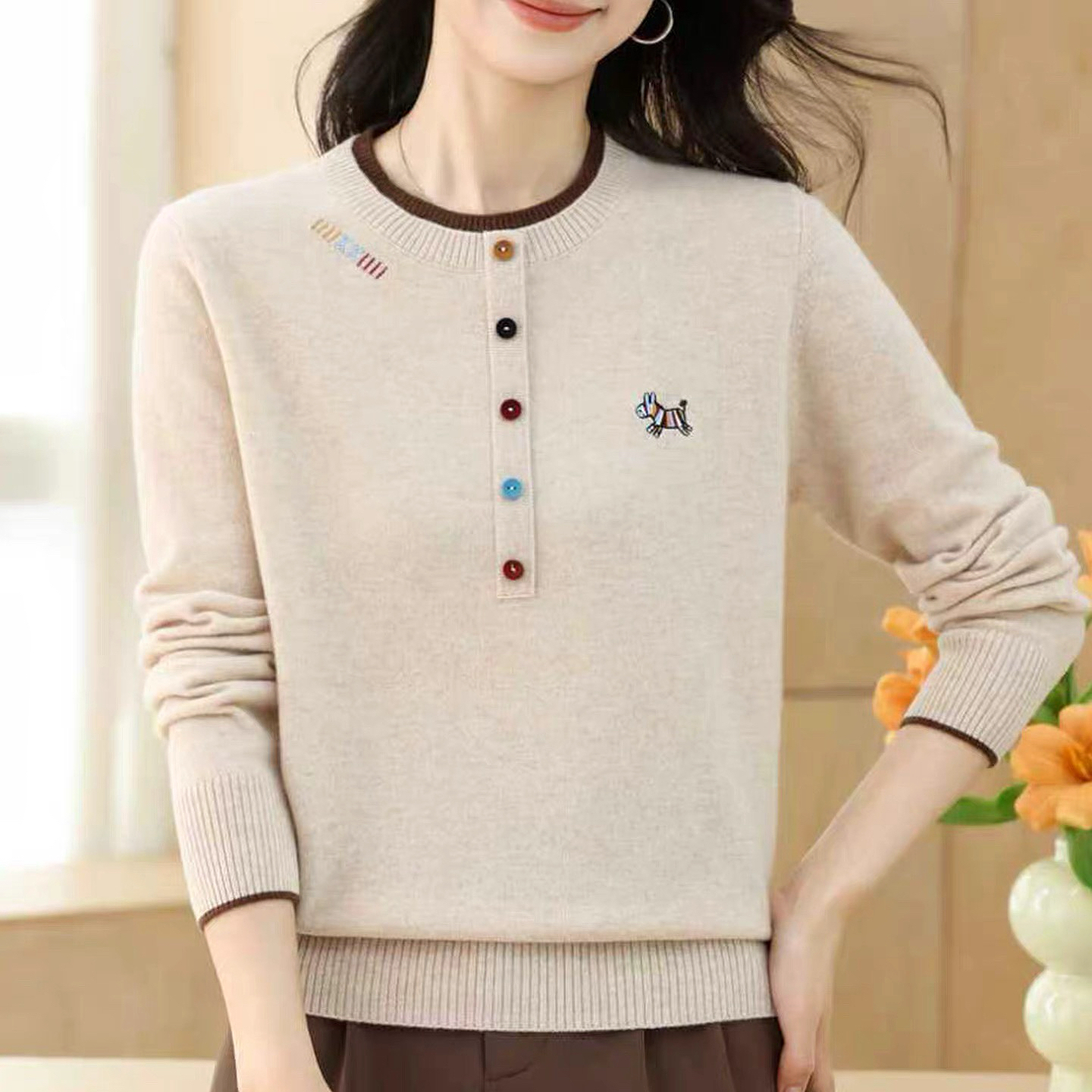 蒂爾夢100%羊毛针织女圆领衫打底宽松秋冬韩版洋气