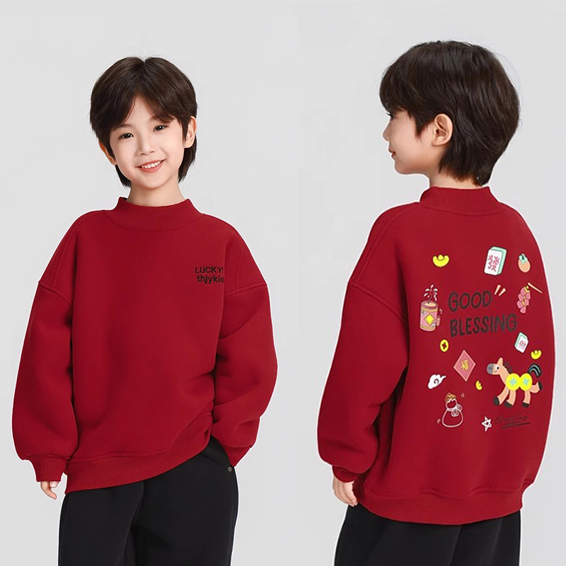 【“马”上发财】儿童冬季加绒加厚大红拜年服卫衣男女童中大童保暖