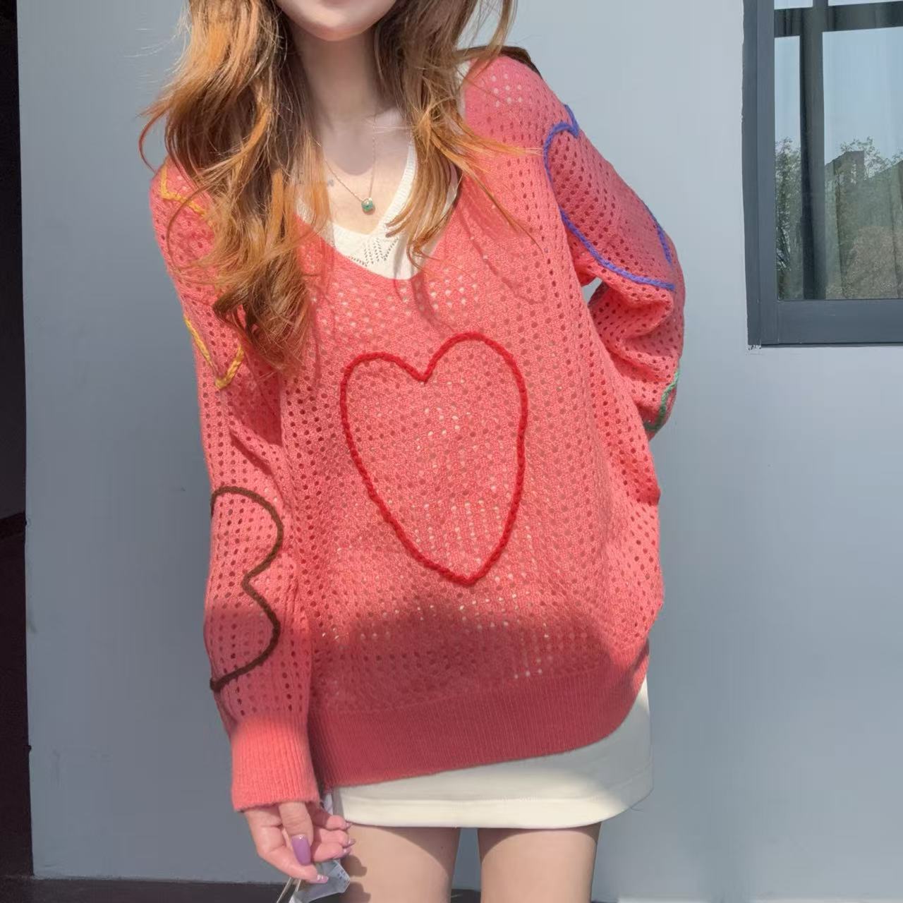 【百分百山羊绒】250120时尚爱心款方格镂空款V领羊绒衫时尚洋气