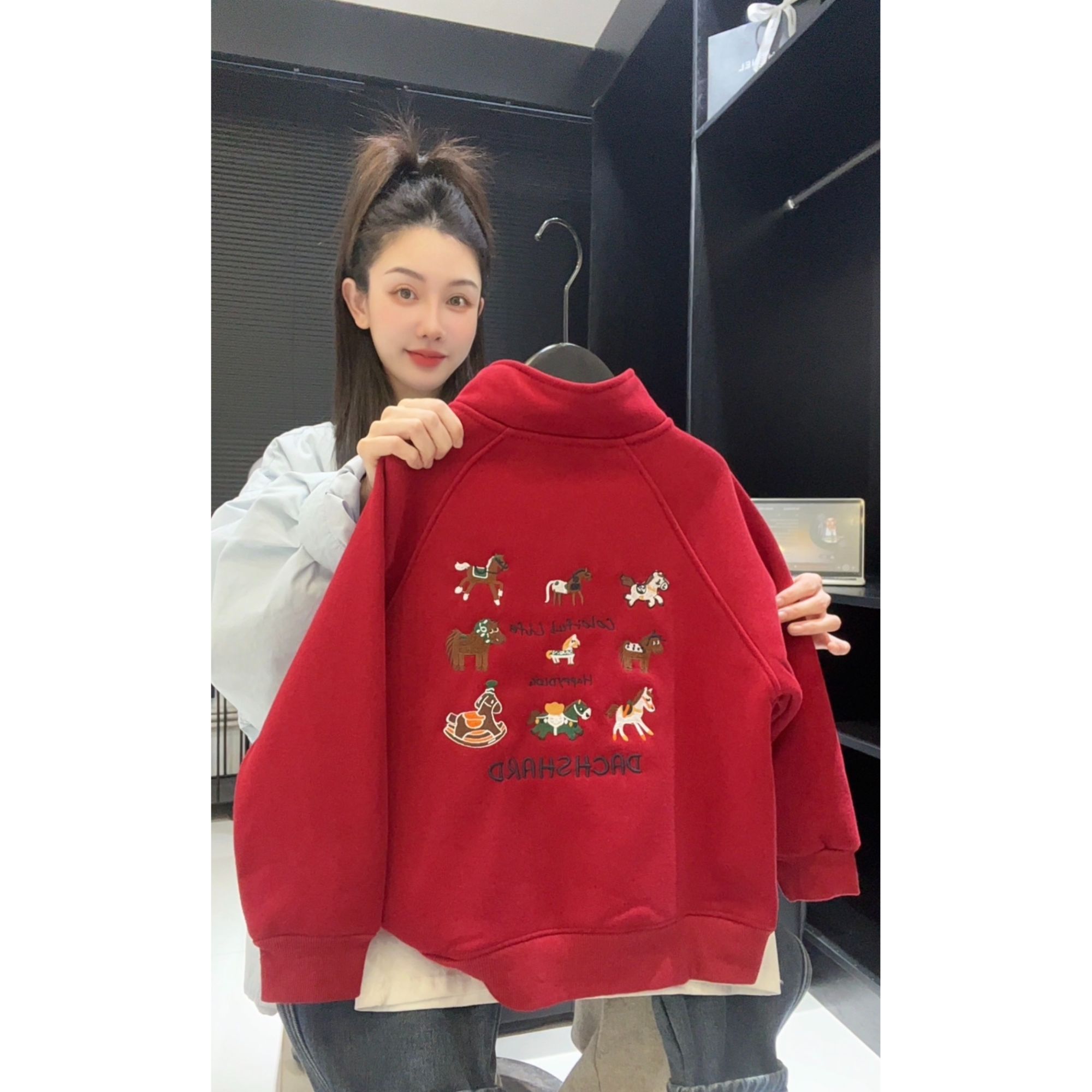 加绒儿童卫衣立领冬季保暖上衣中大童装男童刺绣红色新年款001款