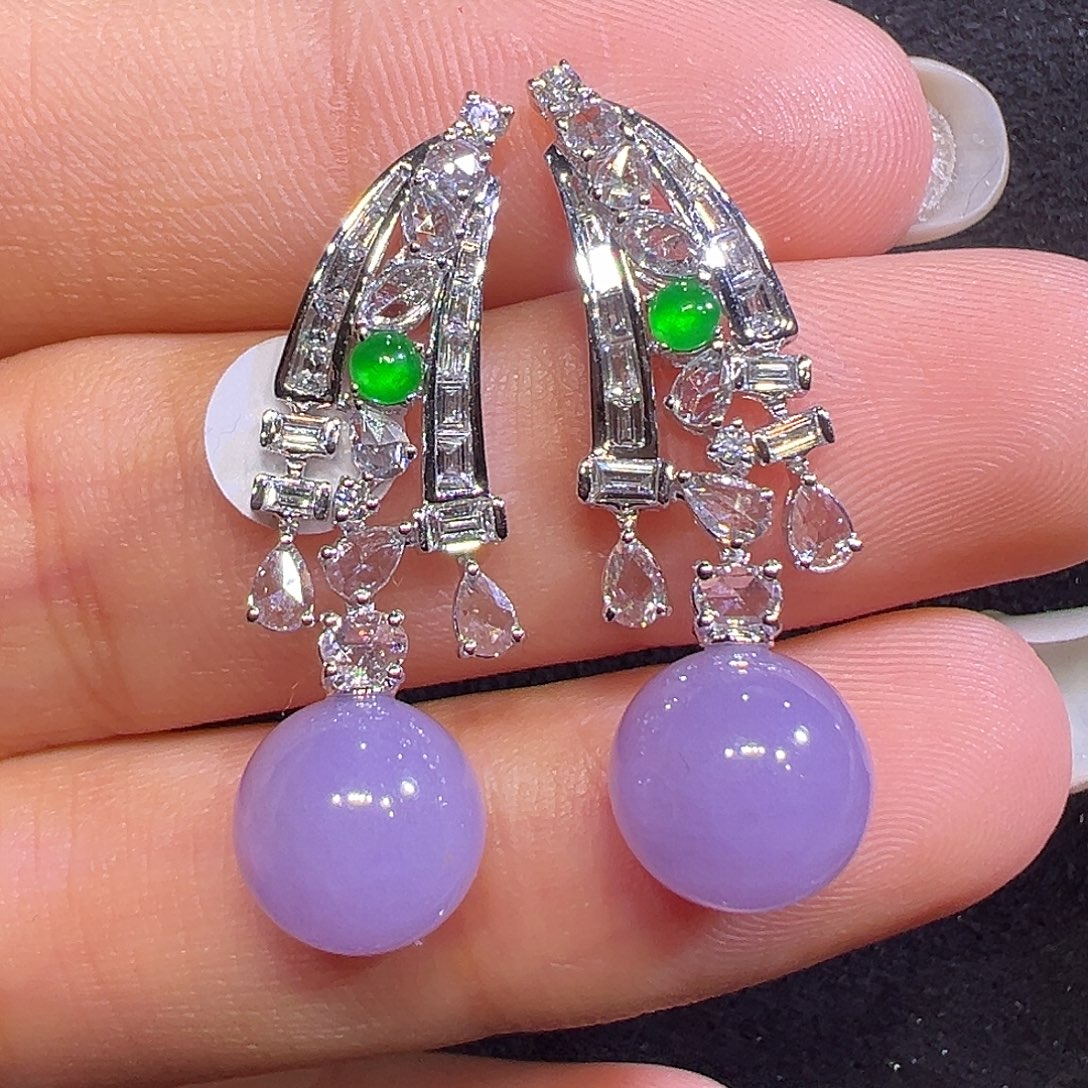 翡翠18K金镶嵌耳饰圆珠