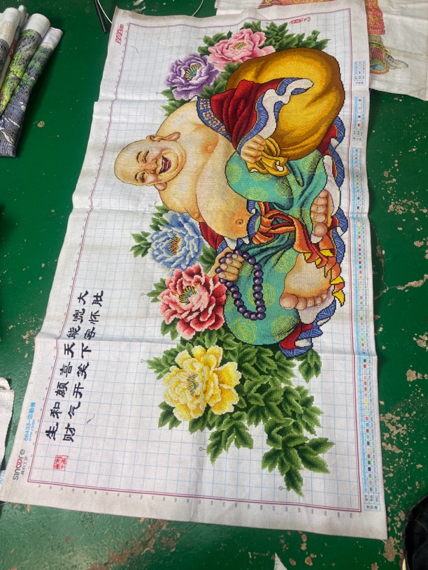 纯手工十字绣成品弥勒佛135×75