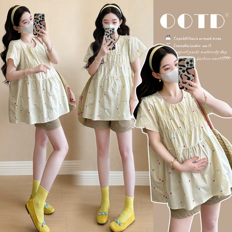 韩系甜美减龄彩色孕妇娃娃衫夏季设计宽松显瘦甜妹孕妇上衣套装潮