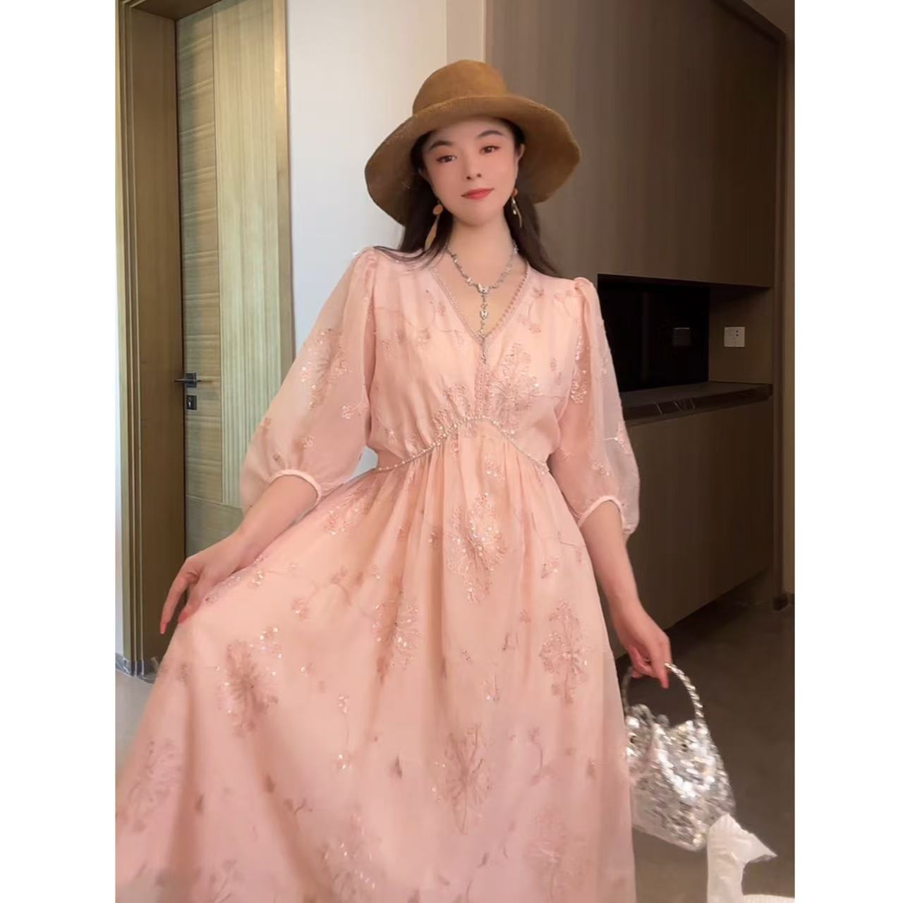 【粉黛轻衫】夏季新款裙子女收腰中长款气质高级感连衣裙