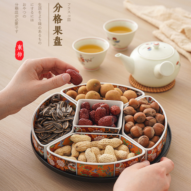 日本进口波佐见烧日式贴花描金陶瓷客厅茶几圆形分格零食盘带盖 