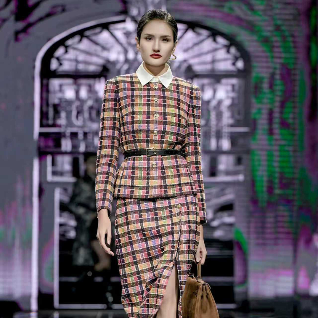 1号链接紫色小香风套装女冬季名媛高贵西装毛呢外套包臀半裙