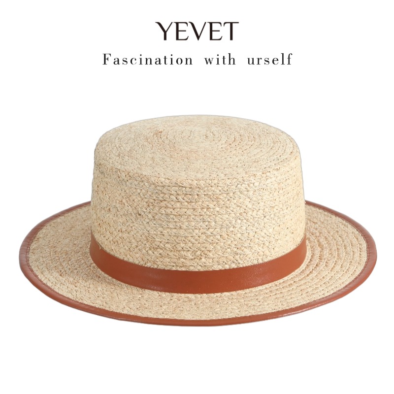 yevet平顶麦秆草帽女夏天海边度假巴拿马防晒遮阳帽草编沙滩帽子