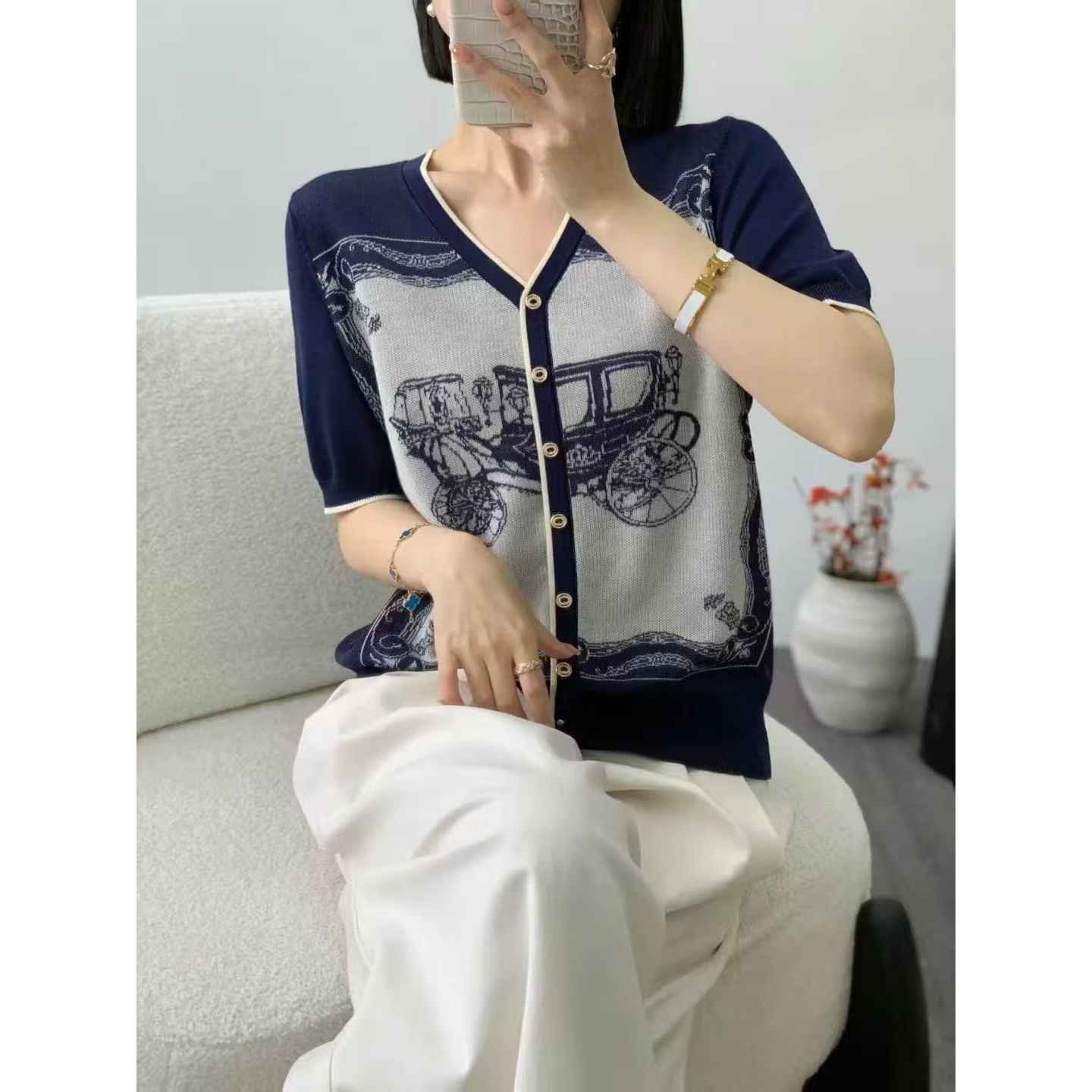 玉姐家高定轻奢提花假两件气质上衣百搭短袖 新选f1190 J03903