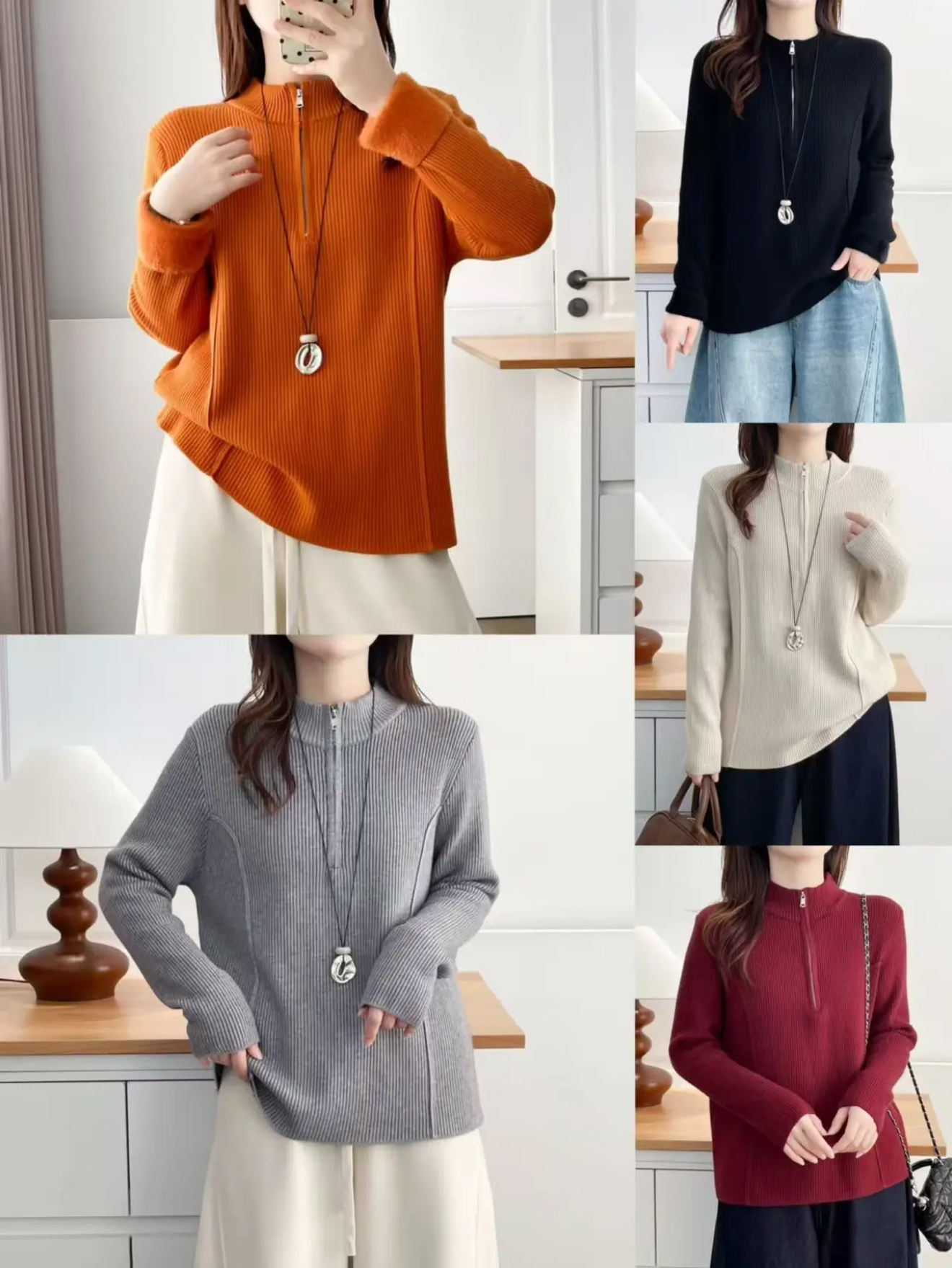 鑫静大码【2074】冬季加厚加绒针织半高领拉链毛衣时尚休闲显瘦百搭