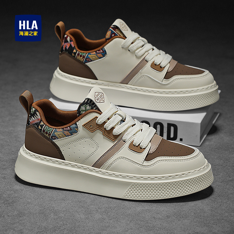 HLA/海澜之家秋季新品刺绣男鞋增高开车低帮百搭休闲皮面小白板鞋