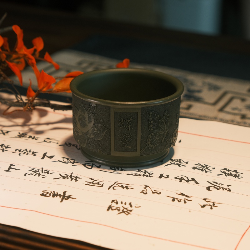 【宜兴原矿】绿泥全手工紫砂主人杯 刻绘福叠 匠心之作！