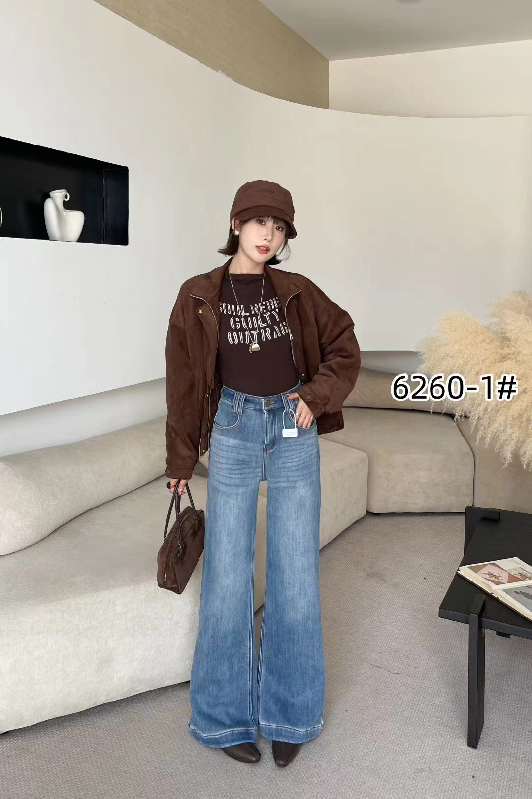 【XISHI】冬上新加绒高腰窄版阔腿牛仔裤 女韩版显瘦筒喇长裤6260