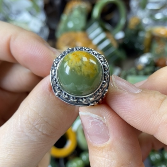 透闪石质玉戒指银S925镶嵌M*