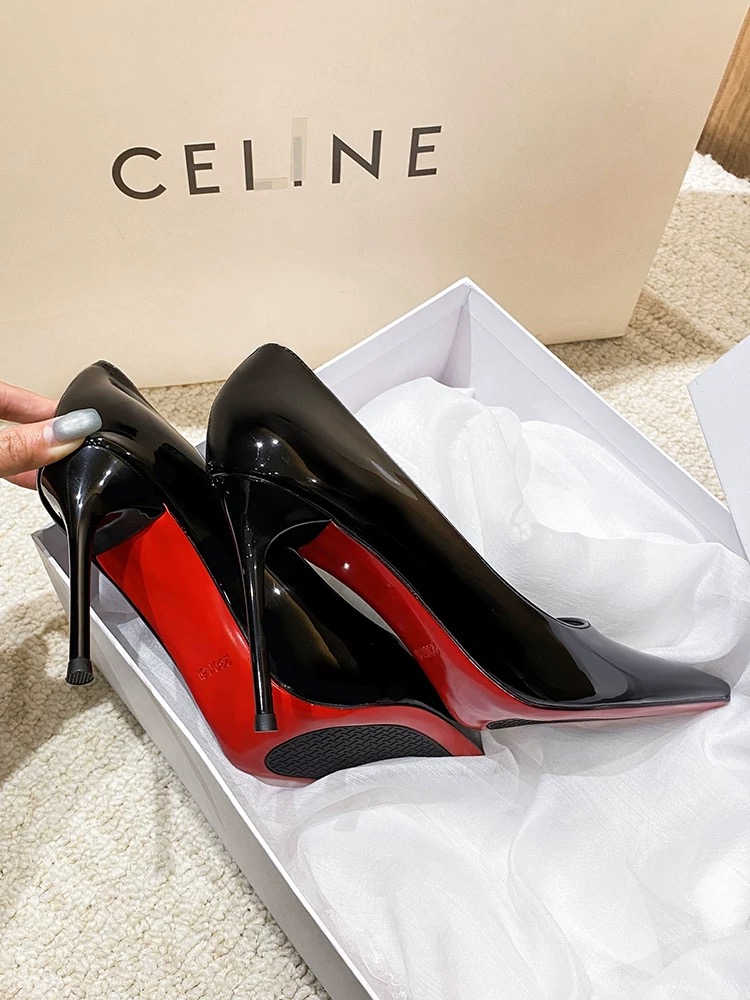 尖细跟漆皮黑色红底高跟单鞋浅口2025早春新款显瘦性感时尚女鞋