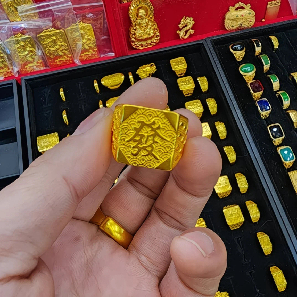 合金戒指 精工火烧四角发财戒指活口