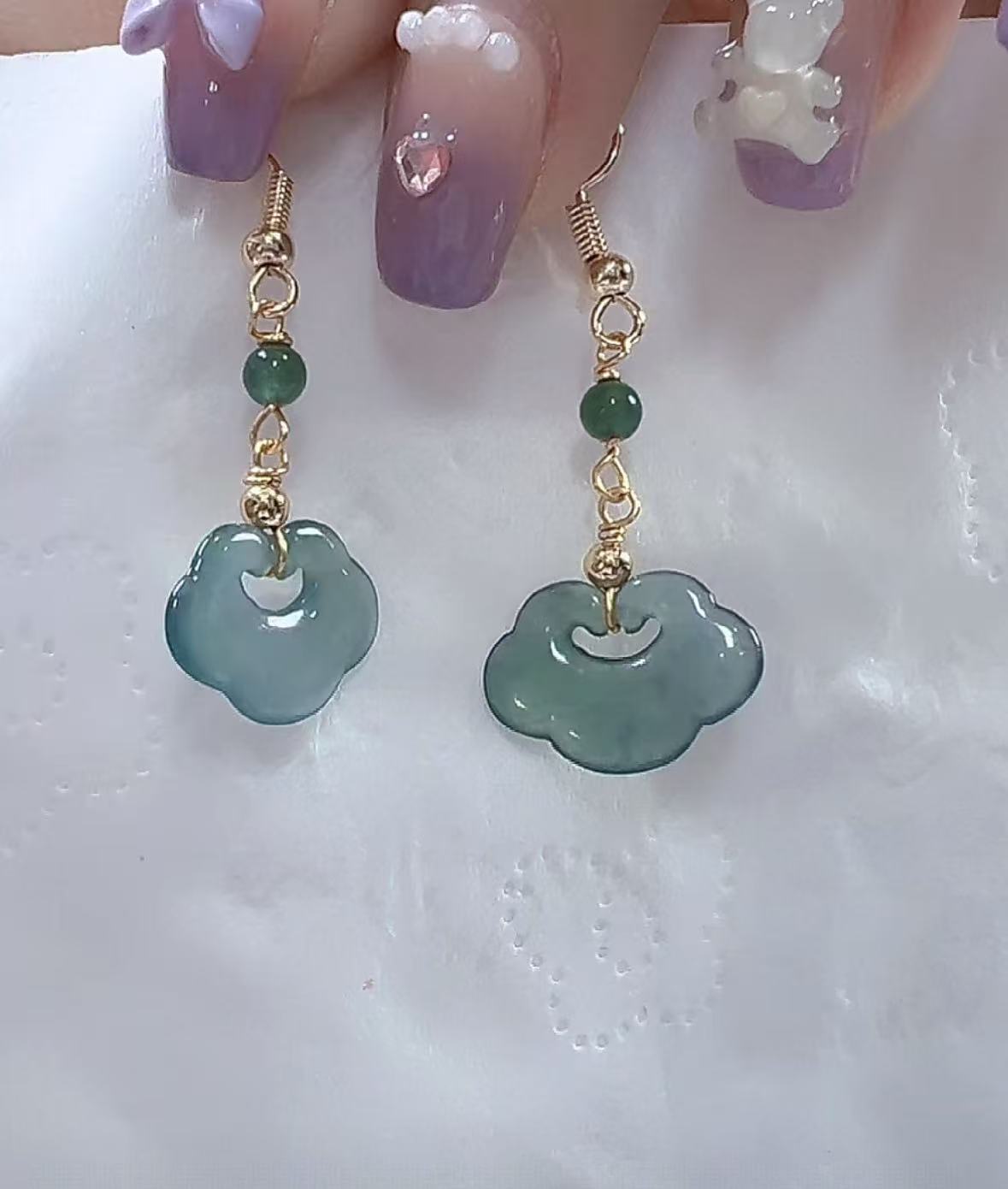 天然翡翠A货如意锁耳环（多样性发货只发一对）耳钩925银