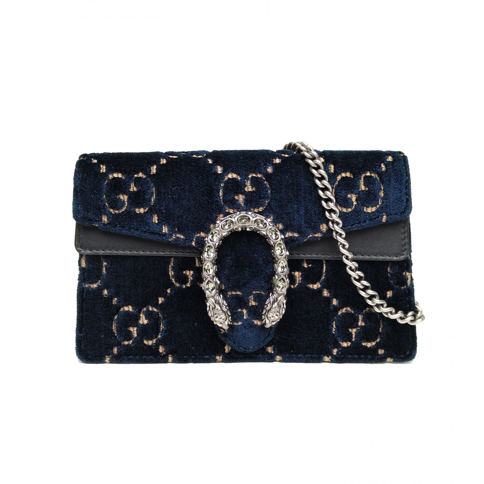 95新 GUCCI/古驰 小花Jerry活动酒神 超Mini墨蓝色 天鹅绒 银扣 