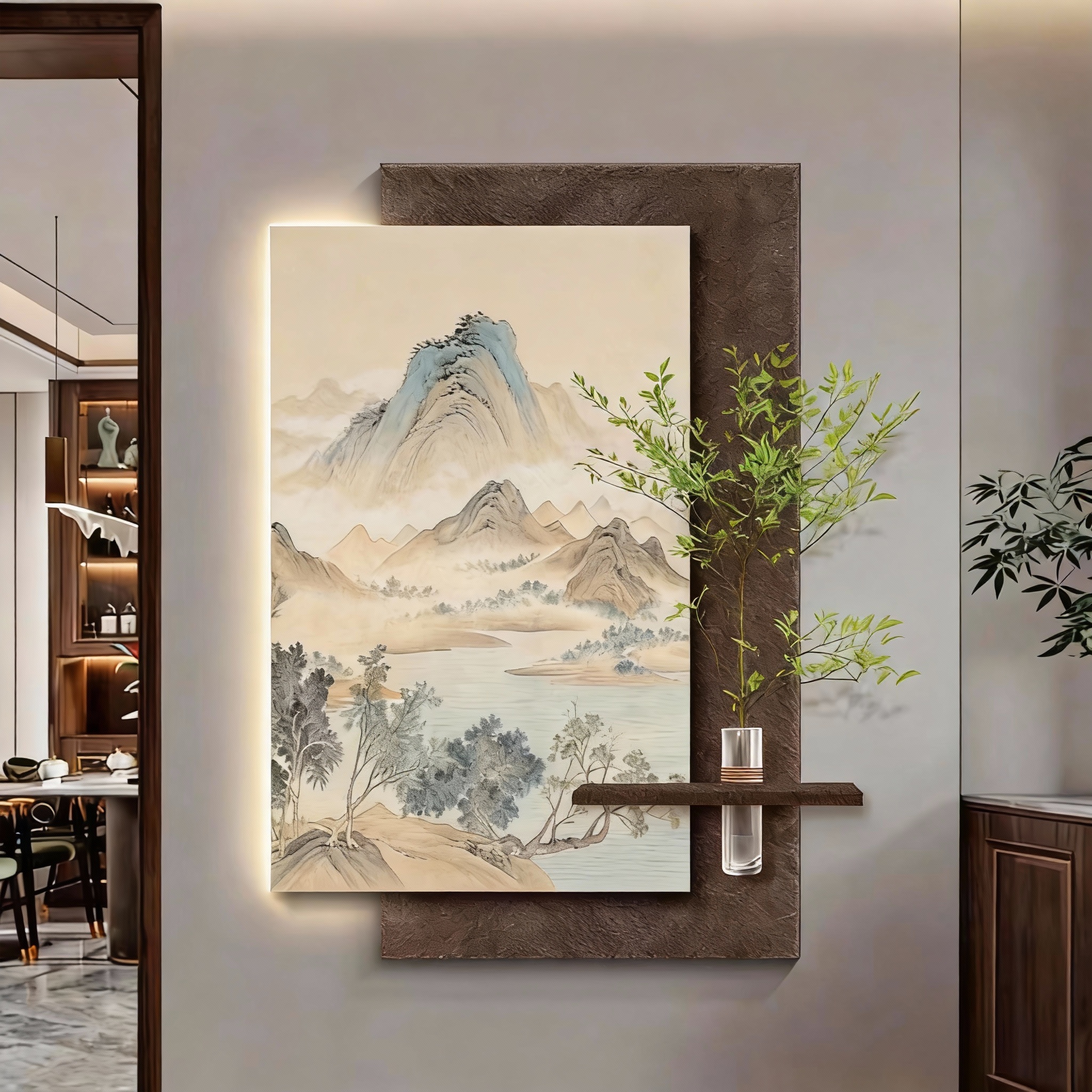 水墨山水入户玄关装饰画高档立体壁灯水培绿植新中式走廊过道挂画