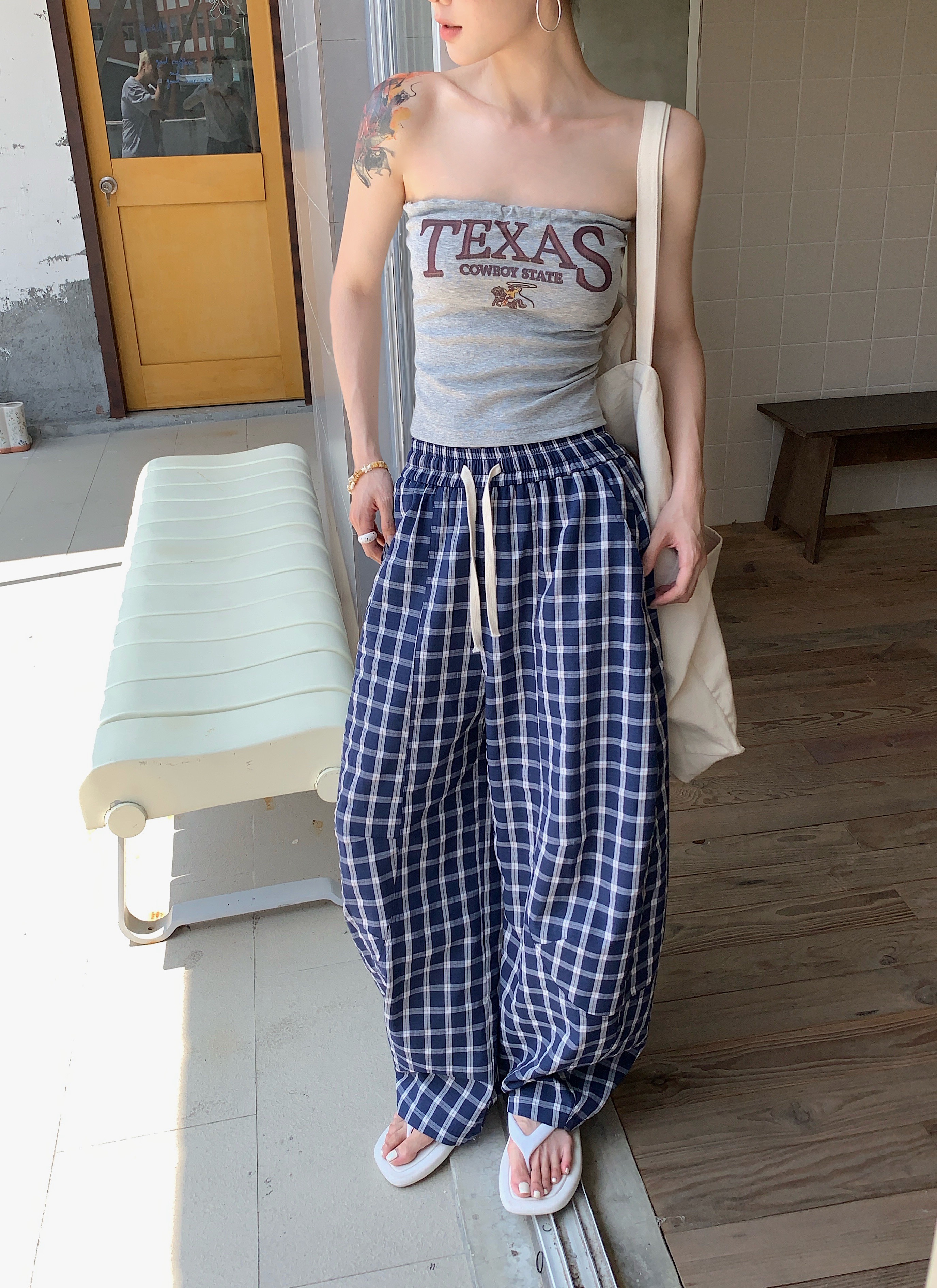 杨九七 复古格子休闲裤女宽松夏季慵懒风阔腿裤百搭拖地裤 7911