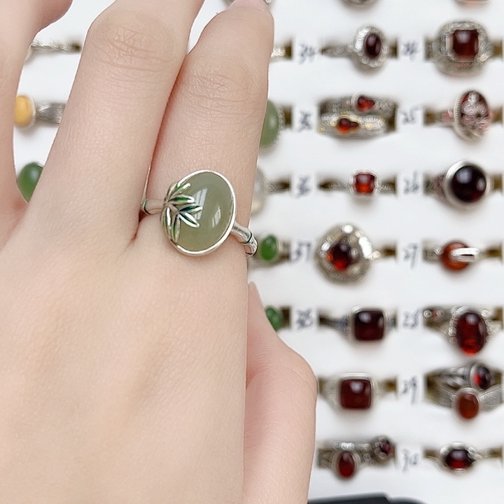 和田玉戒指银S925镶嵌天然