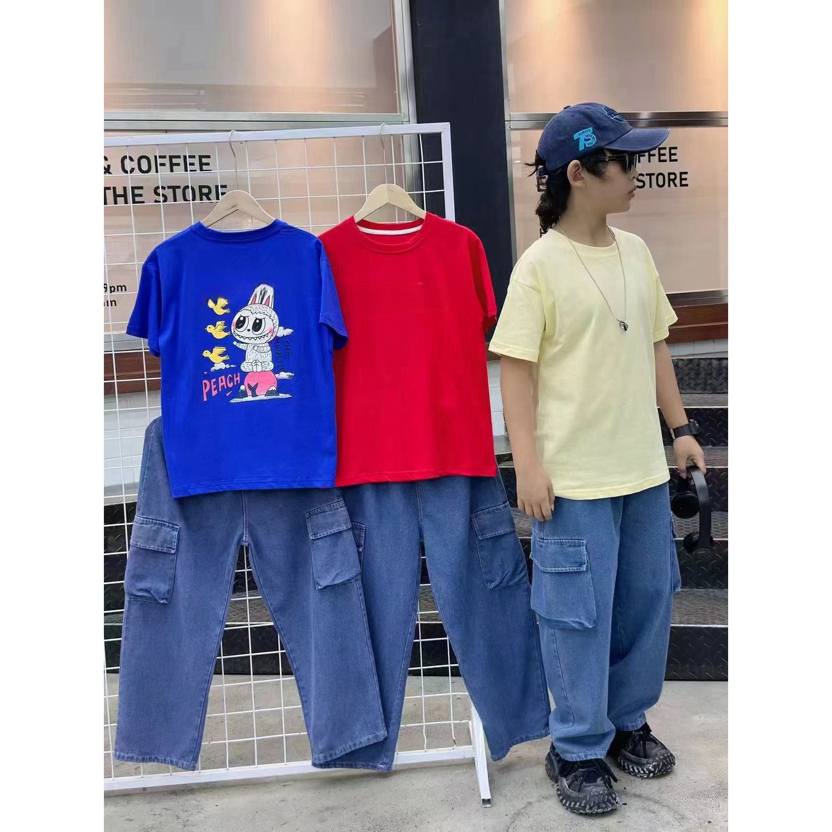 儿童2025夏季新款卡通短袖牛仔工装裤套装B0404