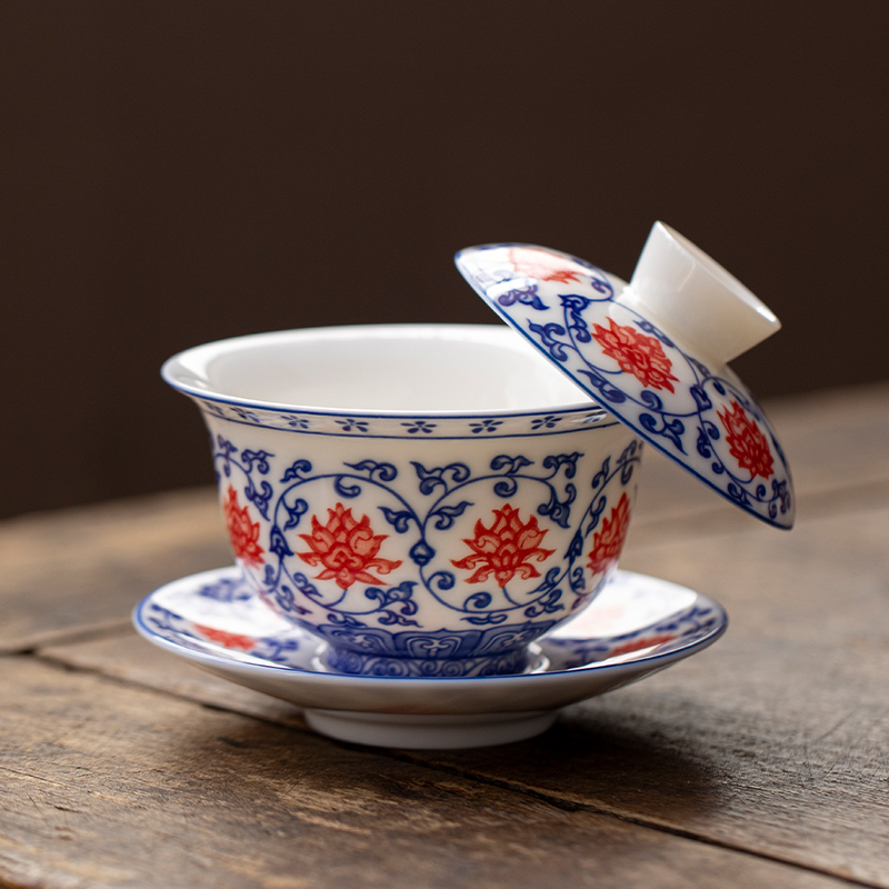 青花釉里红缠枝莲三才盖碗可悬停旋转功夫茶具泡茶碗茶杯釉下彩