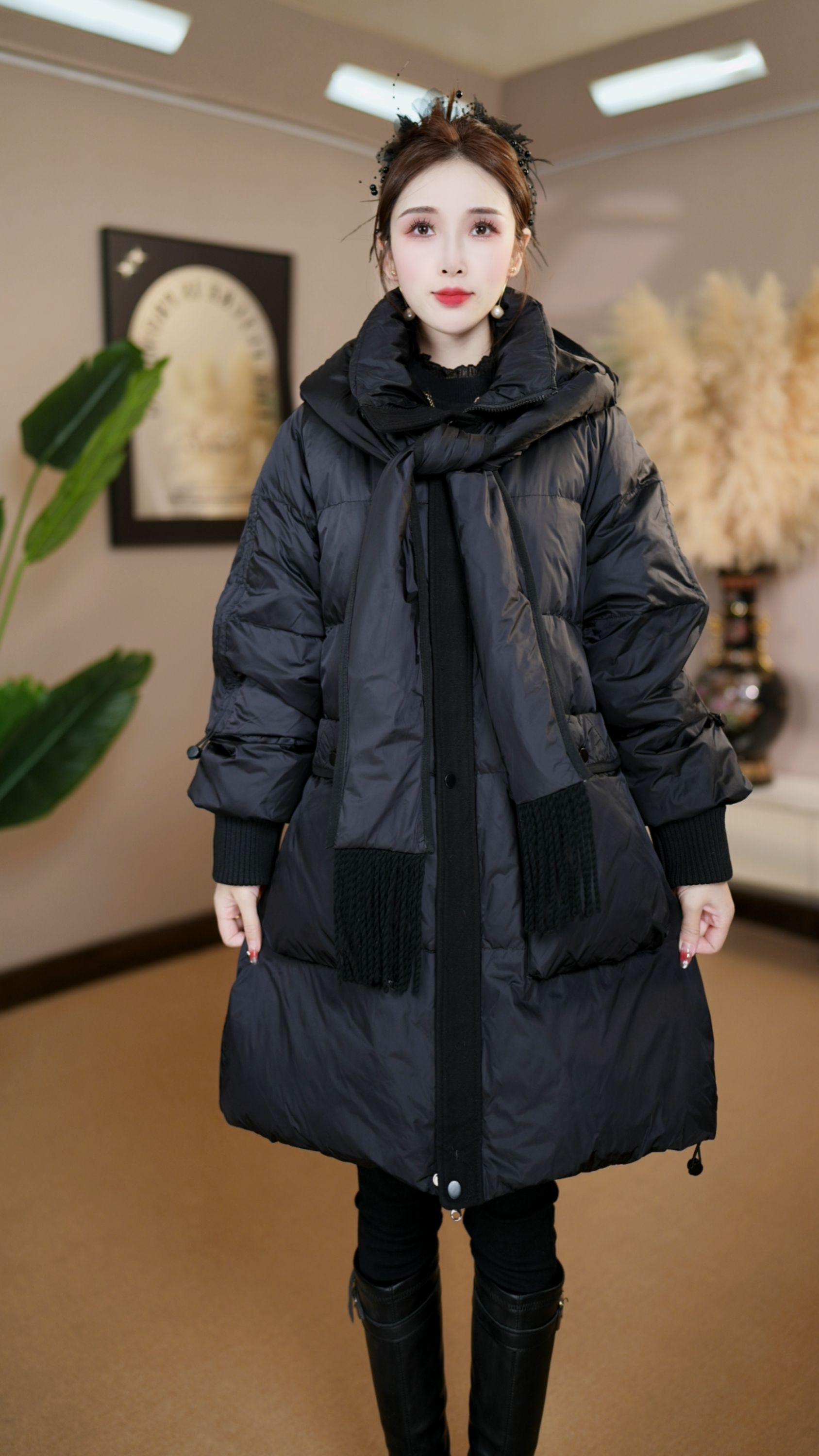 冬季设计感围巾连帽优雅百搭保暖白鸭绒羽绒服8506黑色