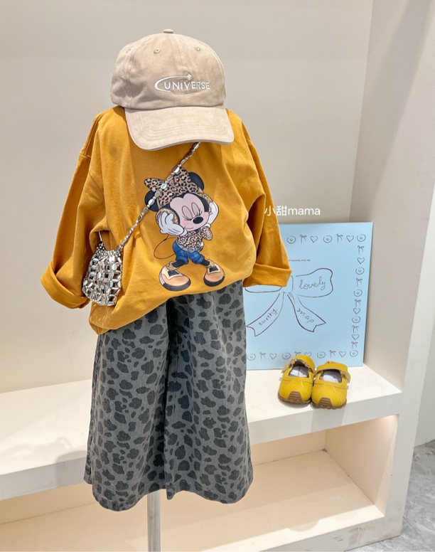 女童秋装宽松卡通卫衣豹纹裤套装女宝洋气印花T恤上衣裤子两件套