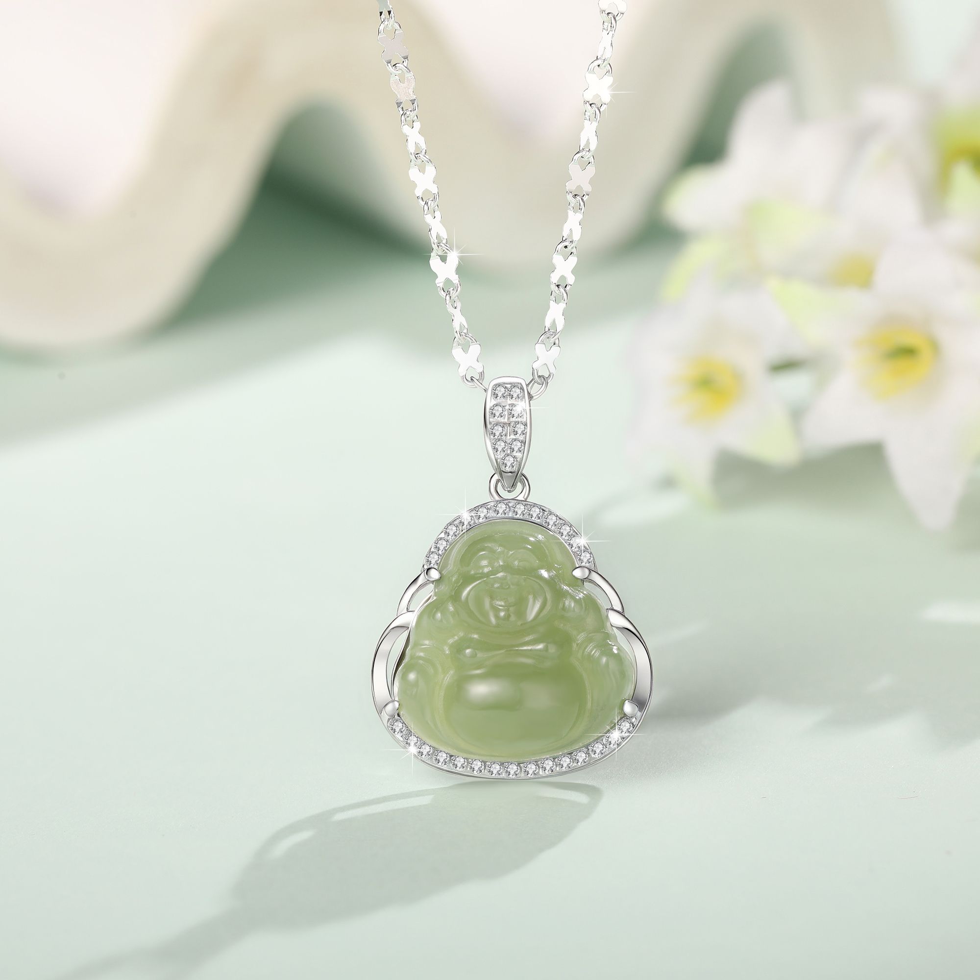 天然和田玉【弥勒佛】纯银镶嵌送检测证书