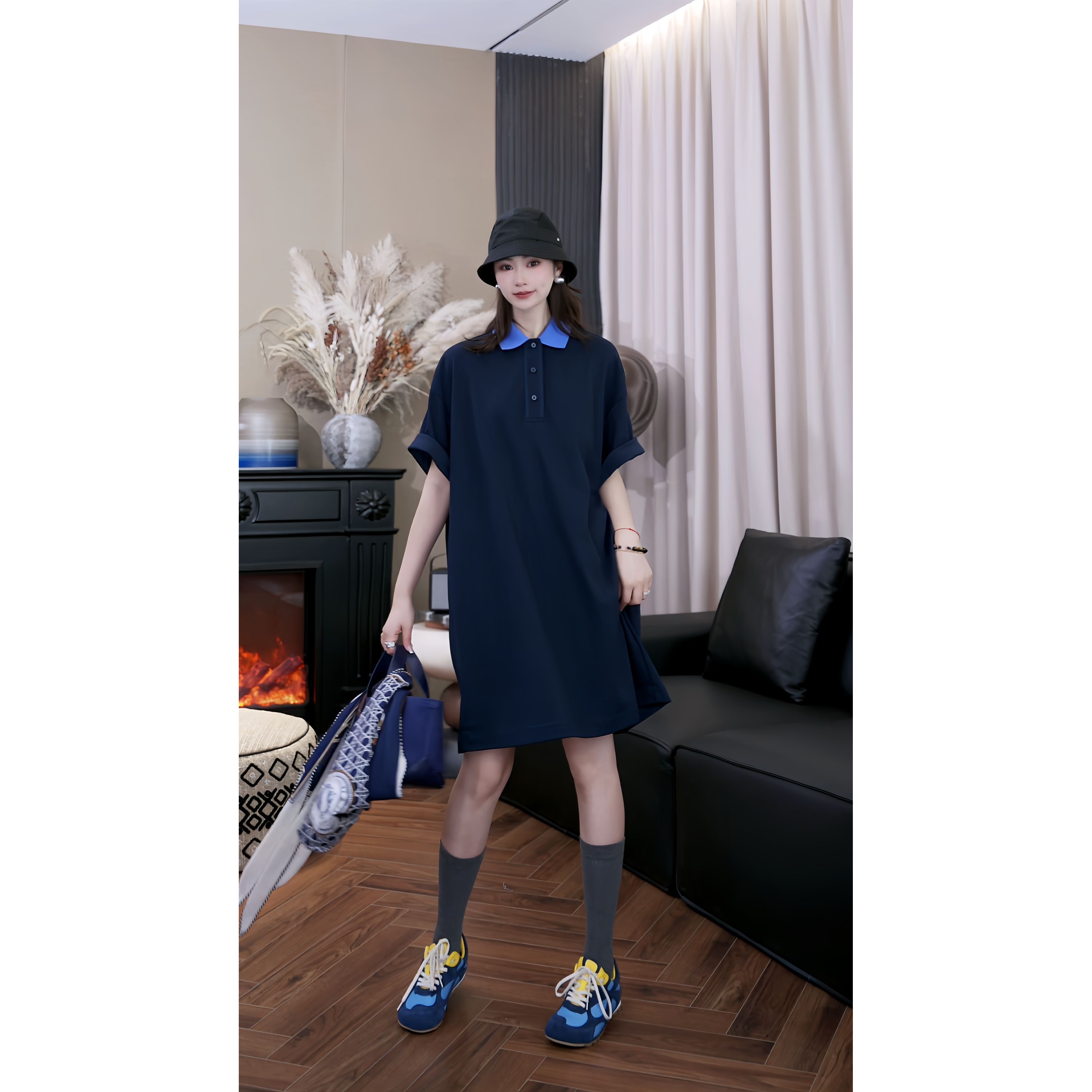  【上新】设计师原创休闲百搭宽松舒适POLO领短袖连衣裙 Z252054