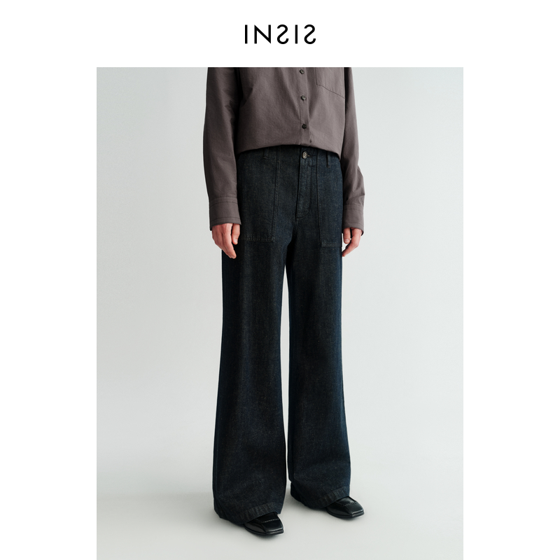 INSIS FEMME北欧风2024秋季肌理汉麻长绒棉牛仔裤低腰喇叭裤女